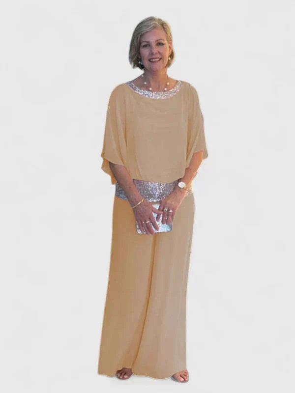 Sequin Trim Chiffon Overlay Top and Pants Two Piece Set 9