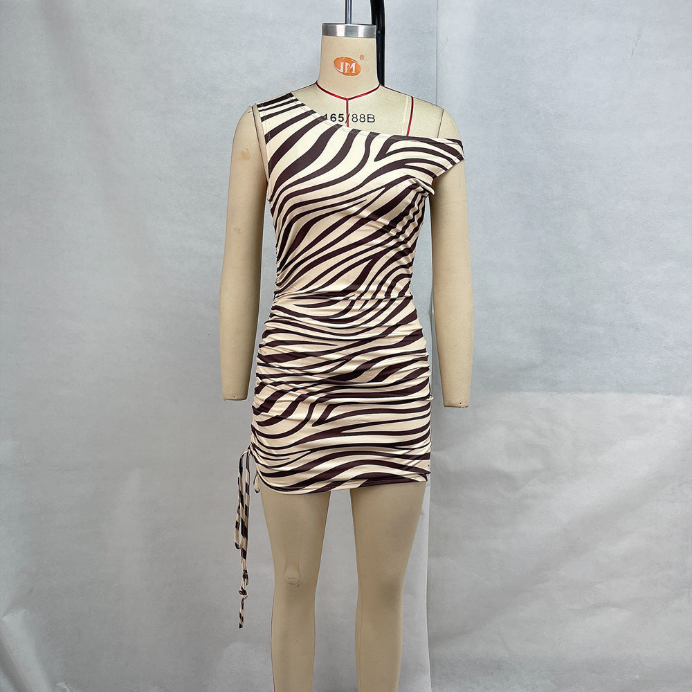 Zebra Print One Shoulder Sleeveless Ruched Bodycon Mini Dress 5