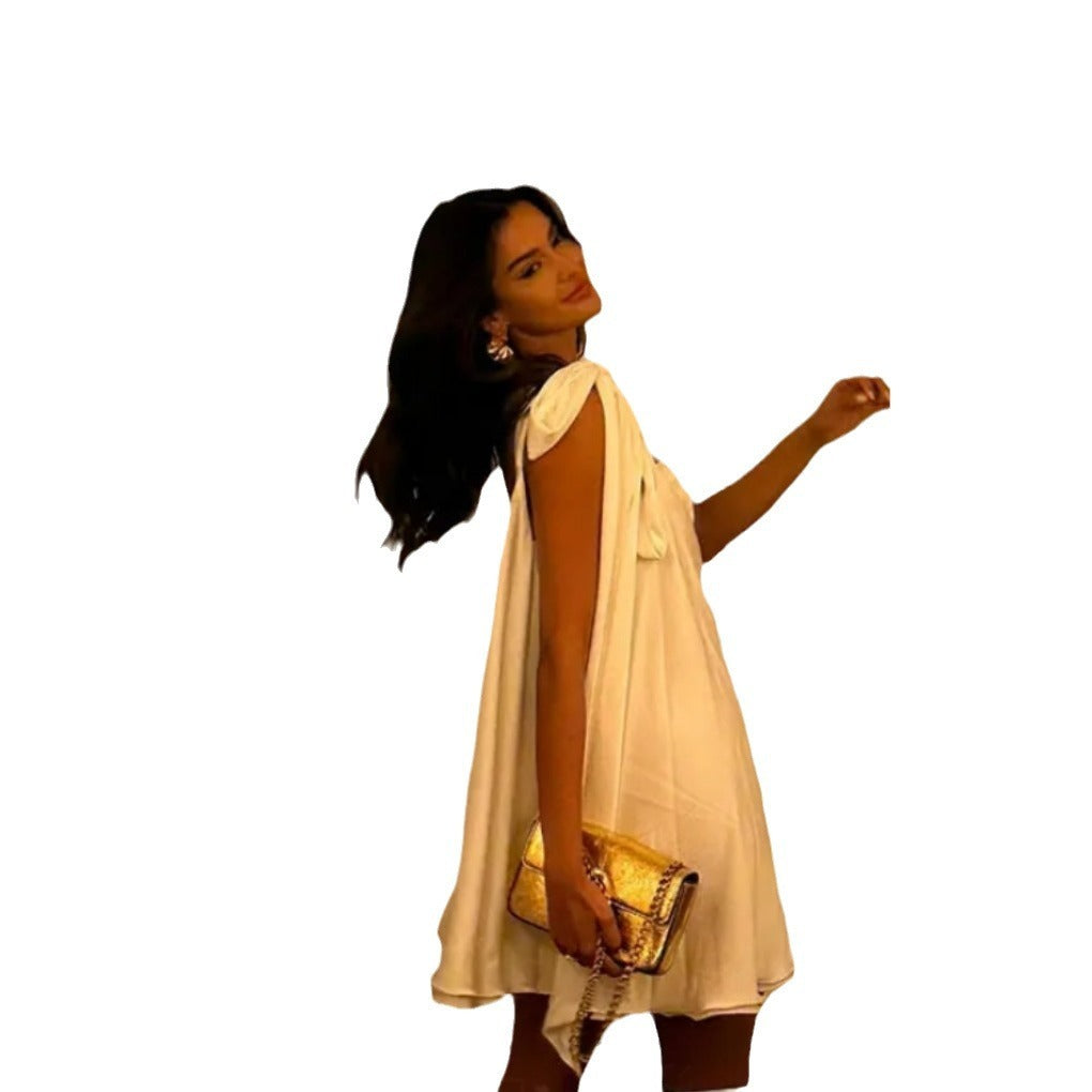 One Shoulder Twist Front Cut Out Flowy Mini Dress