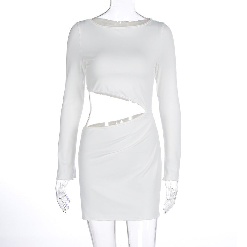 Satin Boat Neck Long Sleeve Cut Out Waist Draped Mini Dress 2