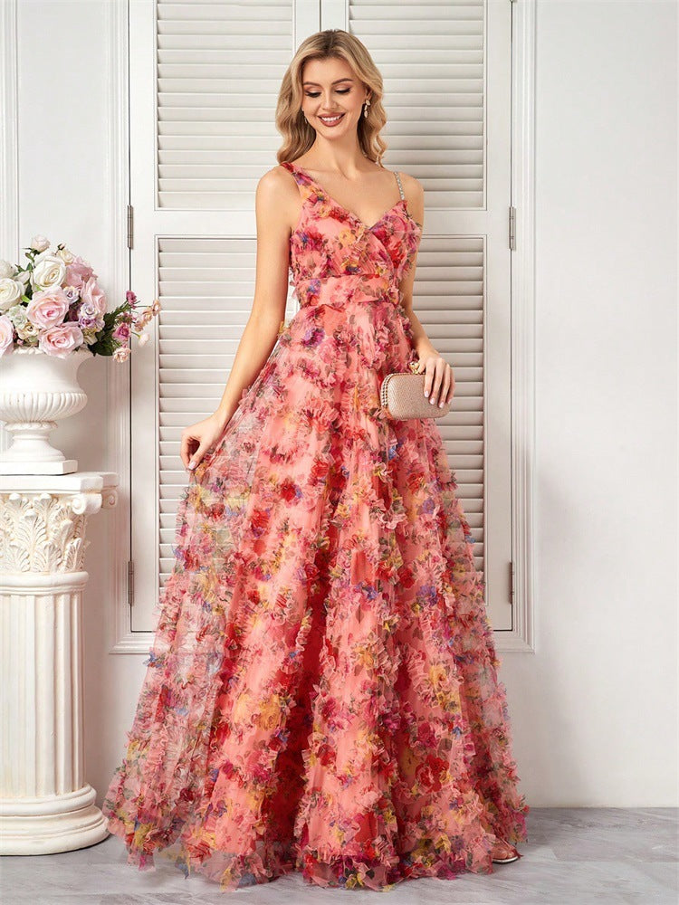 Floral V-Neck Spaghetti Strap Tiered A-Line Maxi Gown