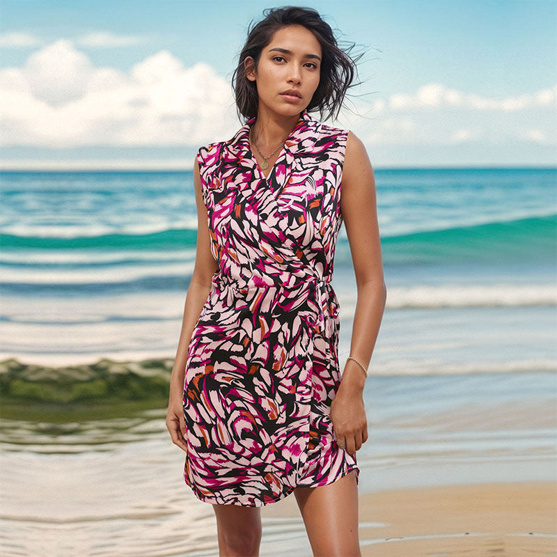 Abstract Print Collared V-Neck Sleeveless Tie Waist Wrap Mini Dress 5