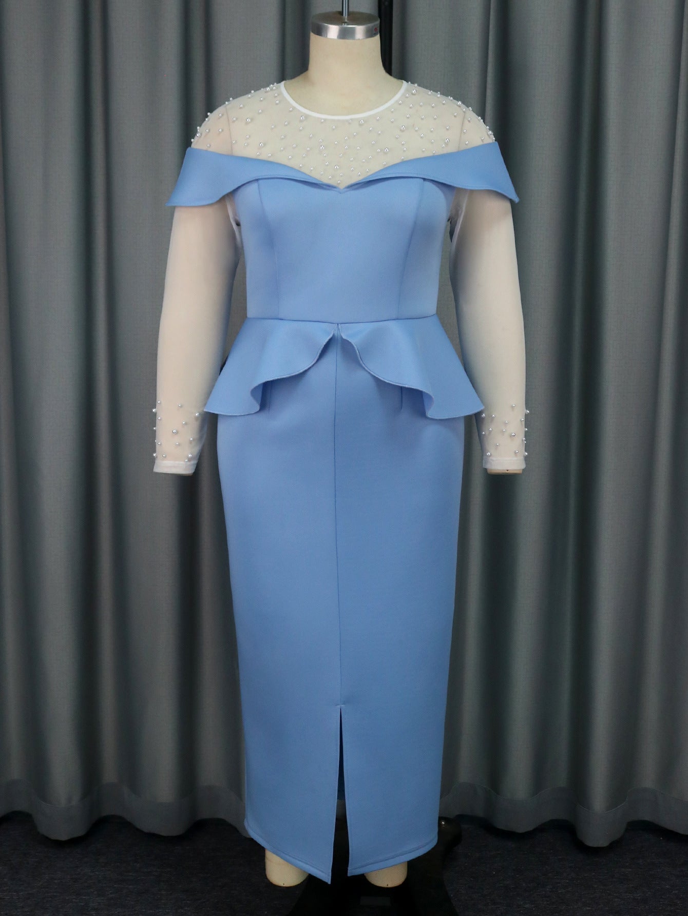 Pearl Beaded Mesh Long Sleeve Peplum High Split Maxi Cocktail Dress