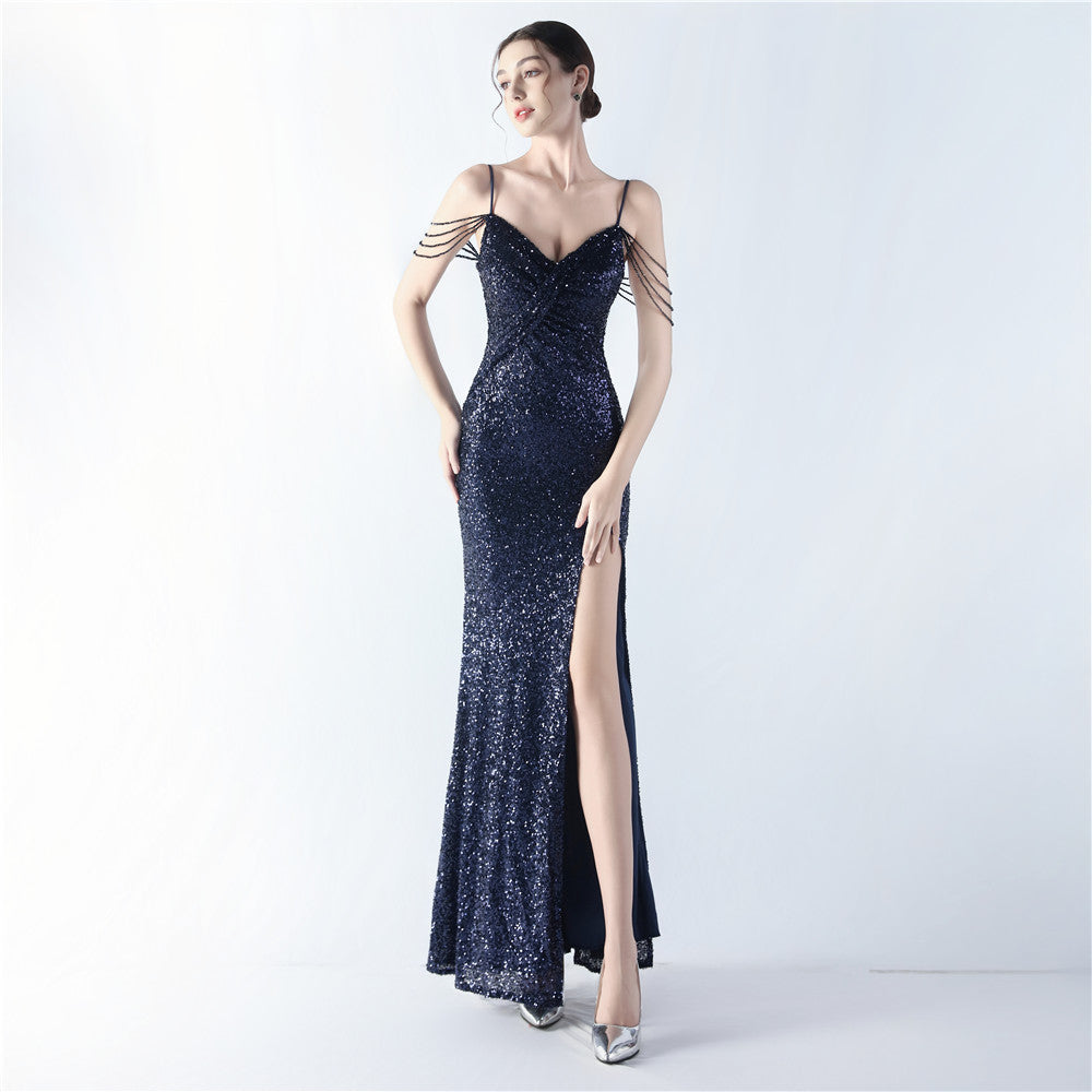 Sequin Twist Bust Spaghetti Strap Beaded Fringe High Split Evening Gown 7