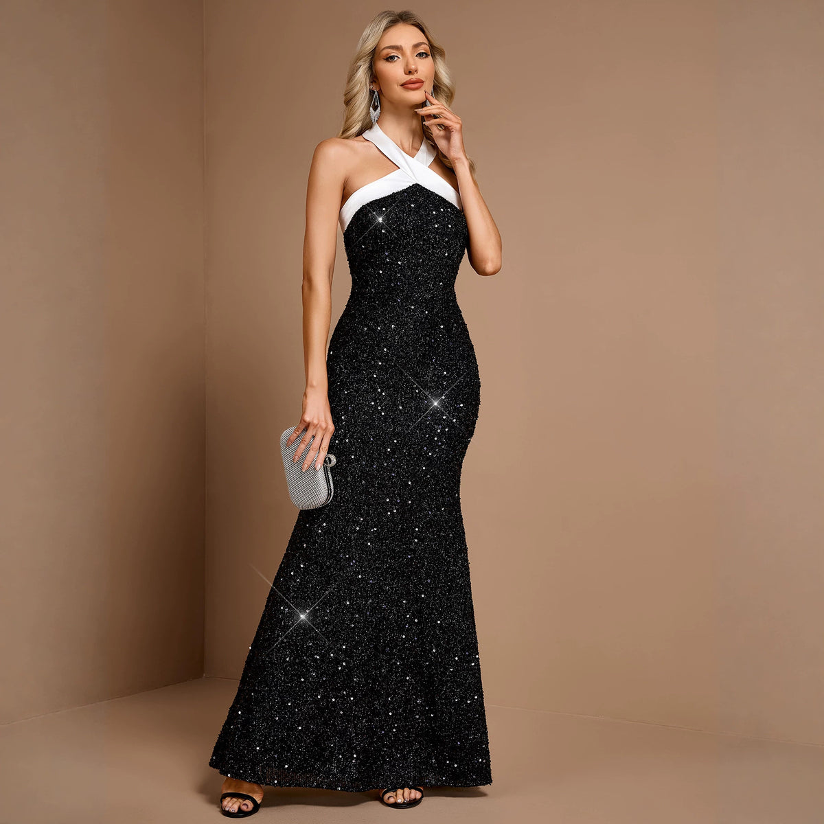 Black Maxi Dress with Straight Bottom Cross Back Lace up Sequined Office Solid Color Stitching Evening Dress