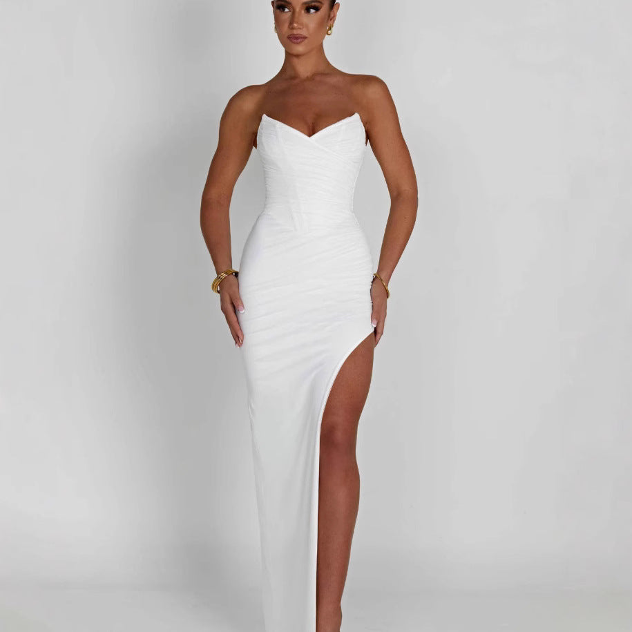 Strapless Sweetheart Ruched Crossover Wrap High Split Maxi Gown