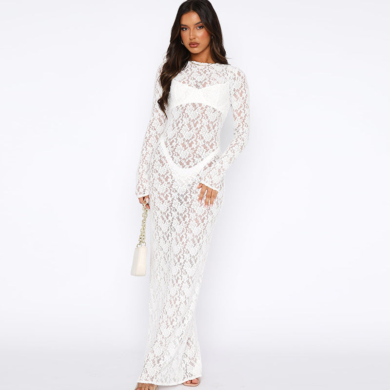 Spring Summer Solid Color Lace See through Long Sleeve Mid Dress - View 5
