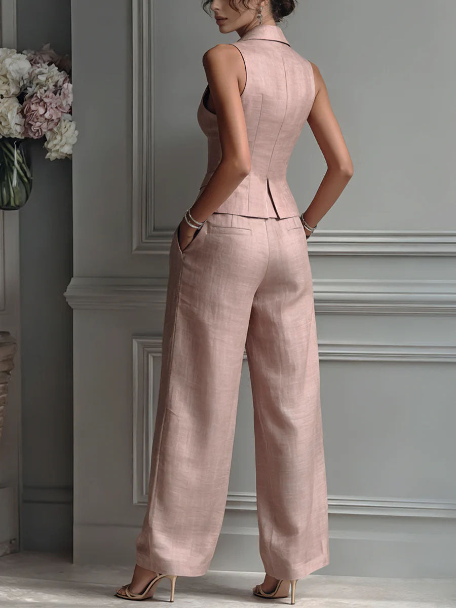 Sleeveless Button Front Vest and Wide Leg Pants Two Piece Set