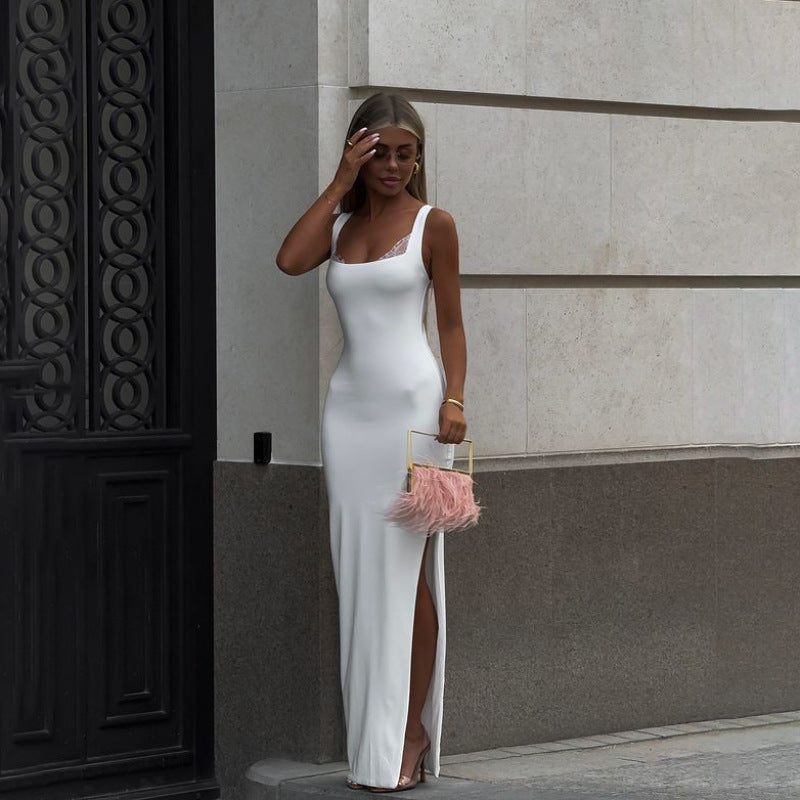 Lace Trim Square Neck Sleeveless High Split Bodycon Maxi Dress