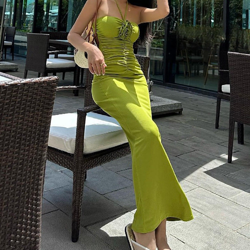 Halter Neck Floral Applique Ruched Side Slit Bodycon Maxi Dress