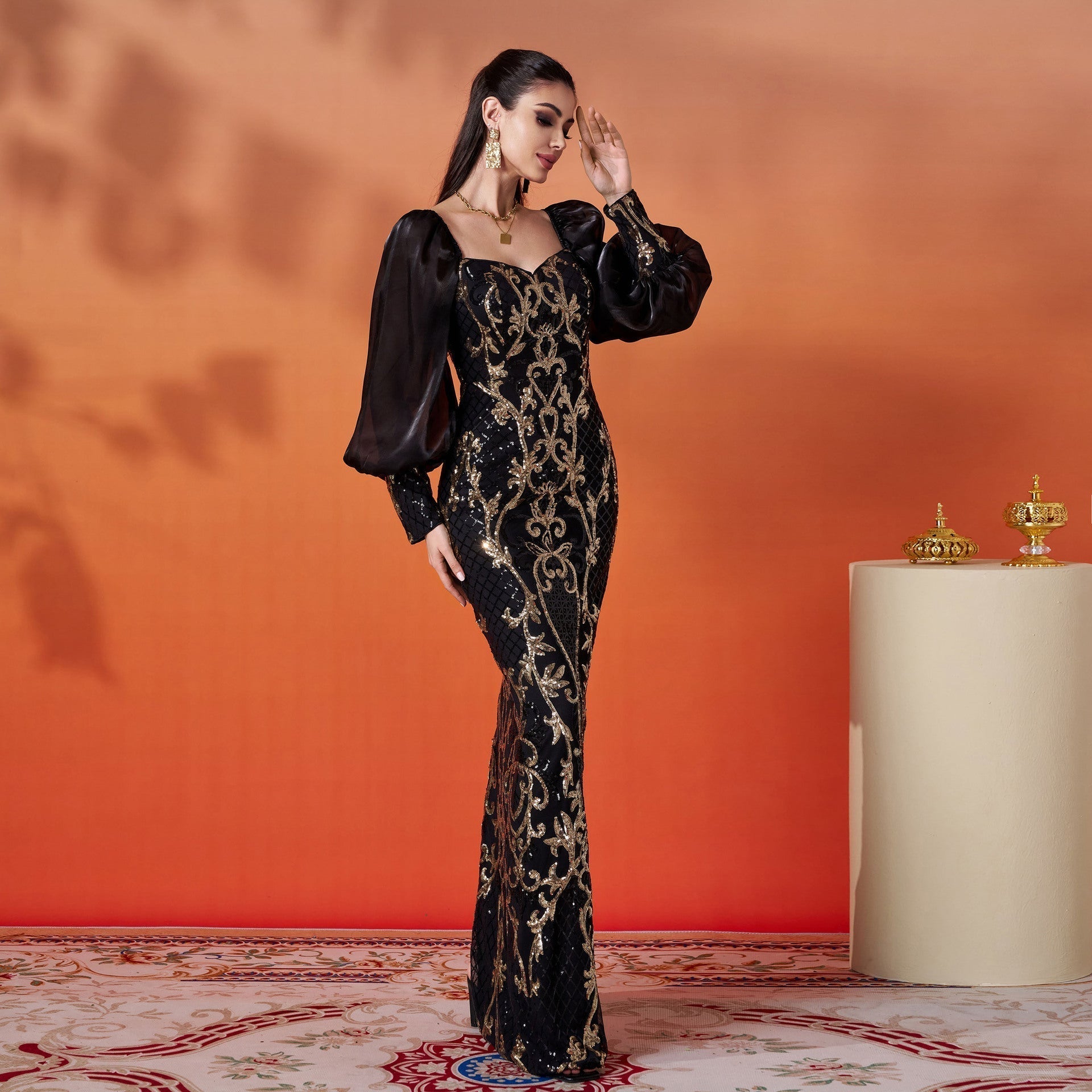 Sequin Sweetheart Neck Puff Sleeve Mermaid Formal Gown