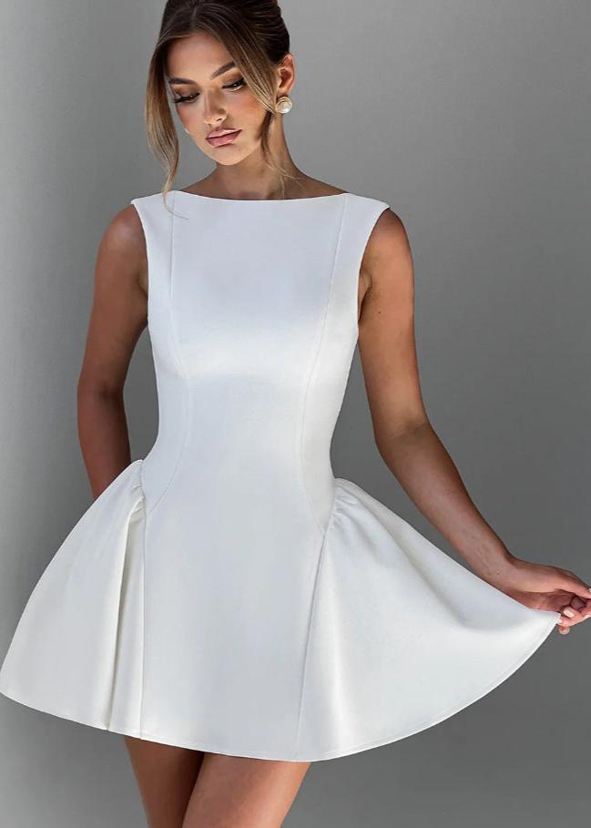 Boat Neck Sleeveless Princess Seam Structured Sculptural Fit and Flare Mini Cocktail Dress
