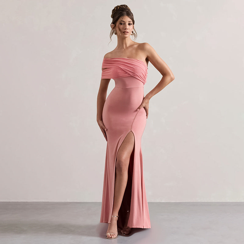 Ruched Mesh Off Shoulder High Split Bodycon Mermaid Maxi Dress