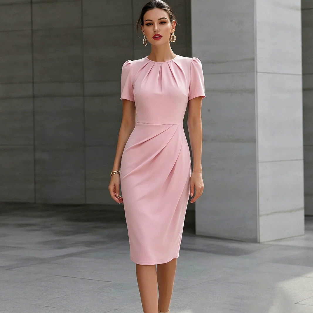 Pleated Crew Neck Puff Sleeve Ruched Wrap Bodycon Midi Dress 5