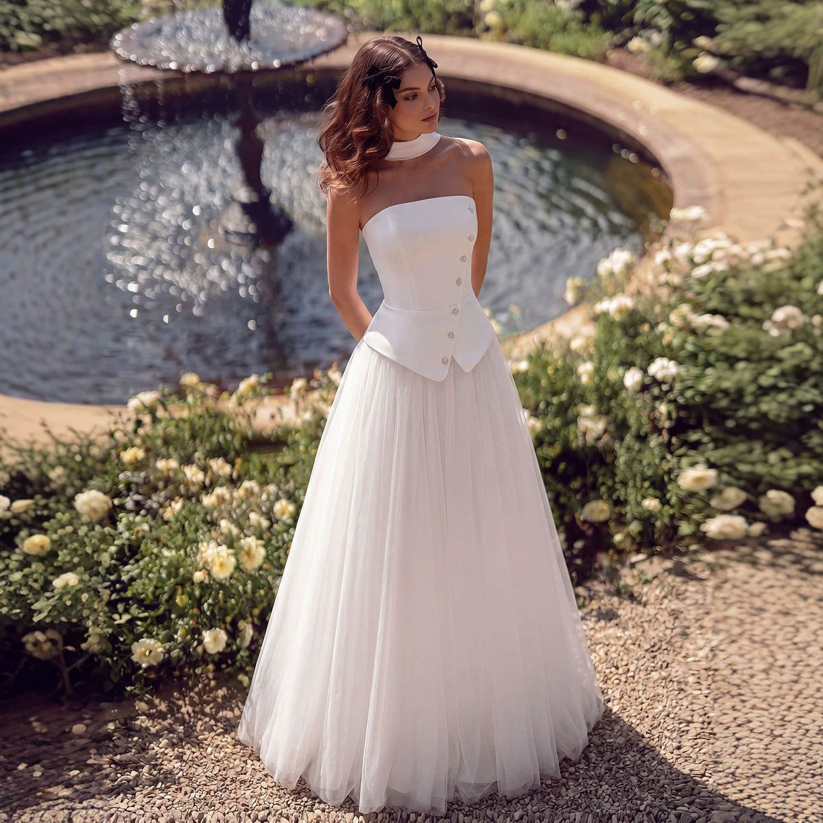 Strapless Button Front Peplum Bodice Tulle A-Line Maxi Gown