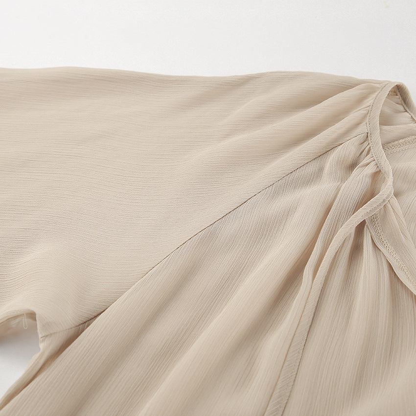 Sheer Tiered V-Neck Tie Neck Long Flared Ruffle Sleeve Maxi Dress