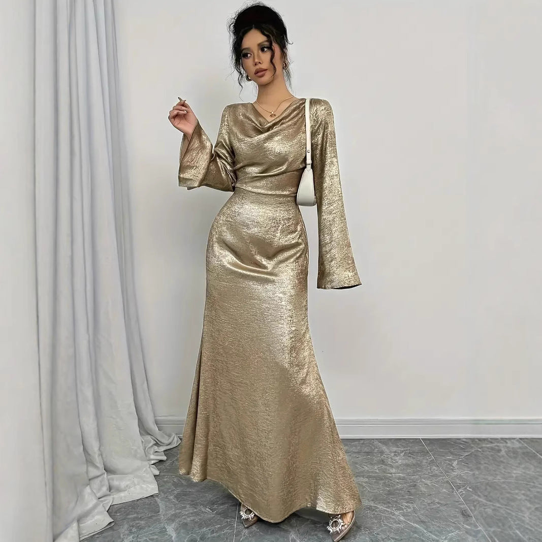 Metallic Cowl Neck Bell Sleeve Maxi Gown
