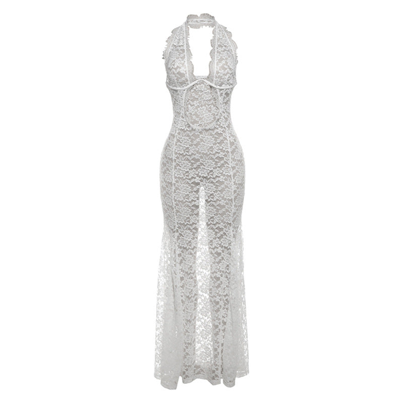 Elegant Lace Hollow Out Cutout out Halter Maxi Dress Backless Solid Color Dress