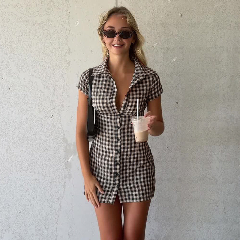 Gingham Plunge Collar Short Sleeve Button Front Shirt Mini Dress 2
