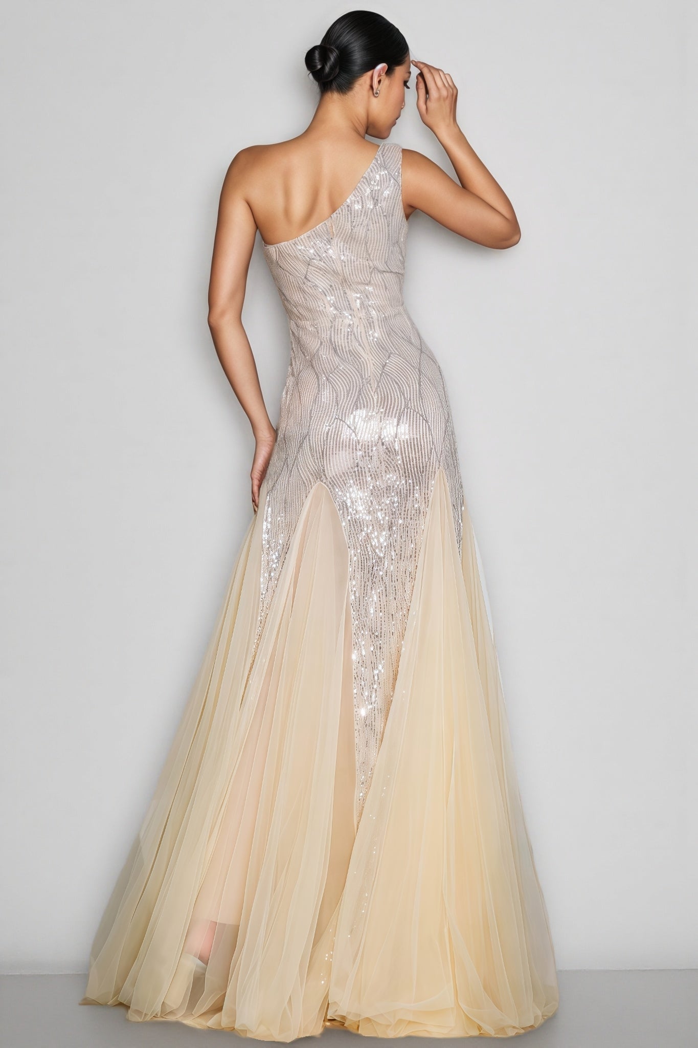 Sequin One Shoulder Floral Applique Tulle Godet Mermaid Maxi Gown