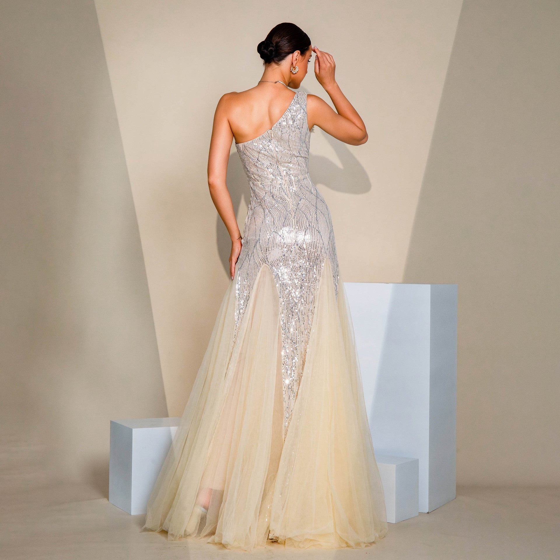 Sequin One Shoulder Floral Applique Tulle Maxi Gown