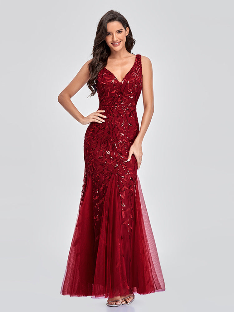 Sequin Embroidered V-Neck Sleeveless Tulle Mermaid Gown