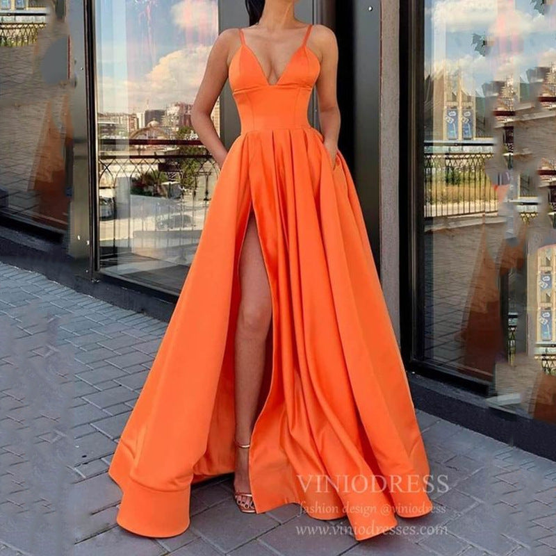 Satin Plunging V-Neck Spaghetti Strap Pleated Pocket High Split Maxi Gown