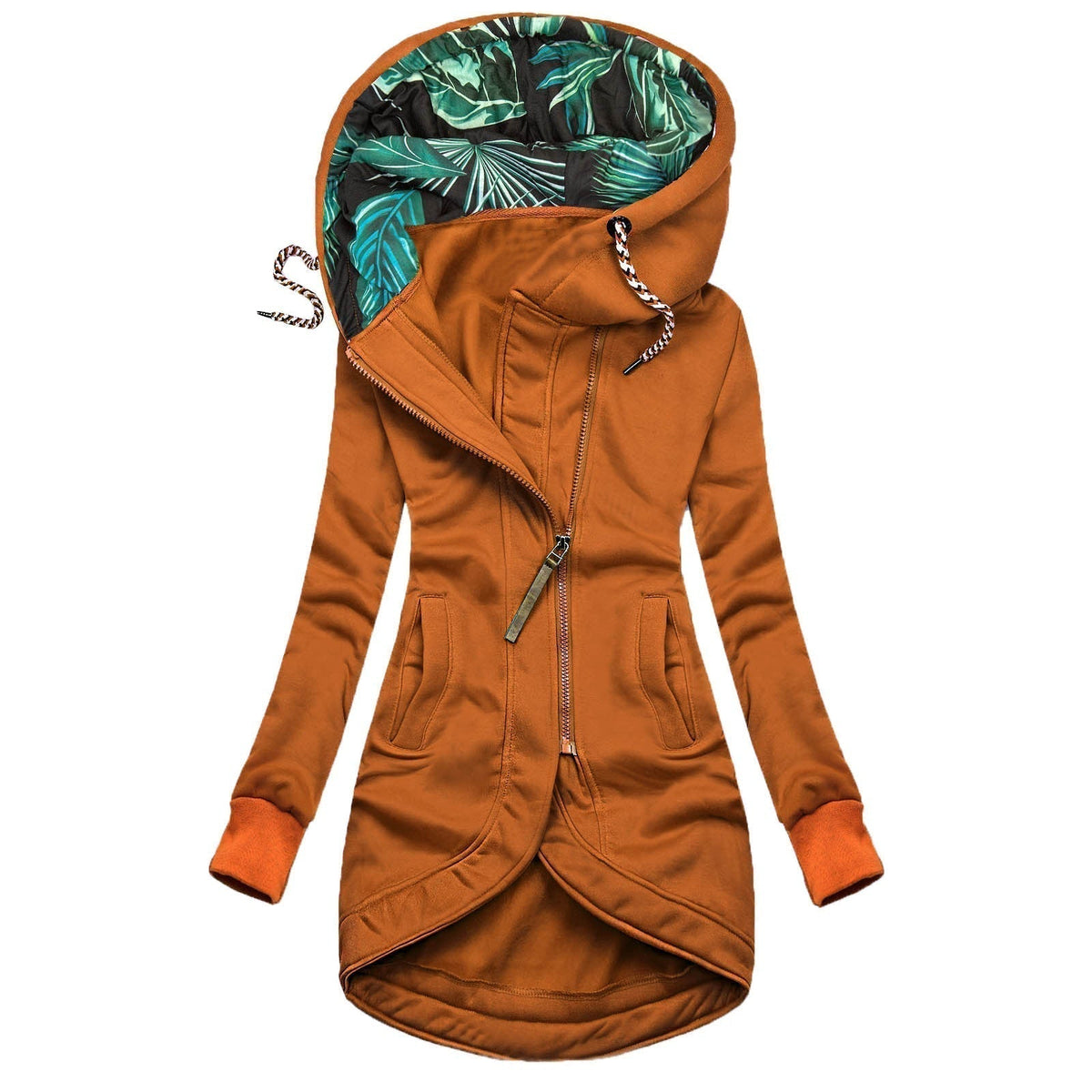 Hooded Zip Front Drawstring High Low Longline Jacket