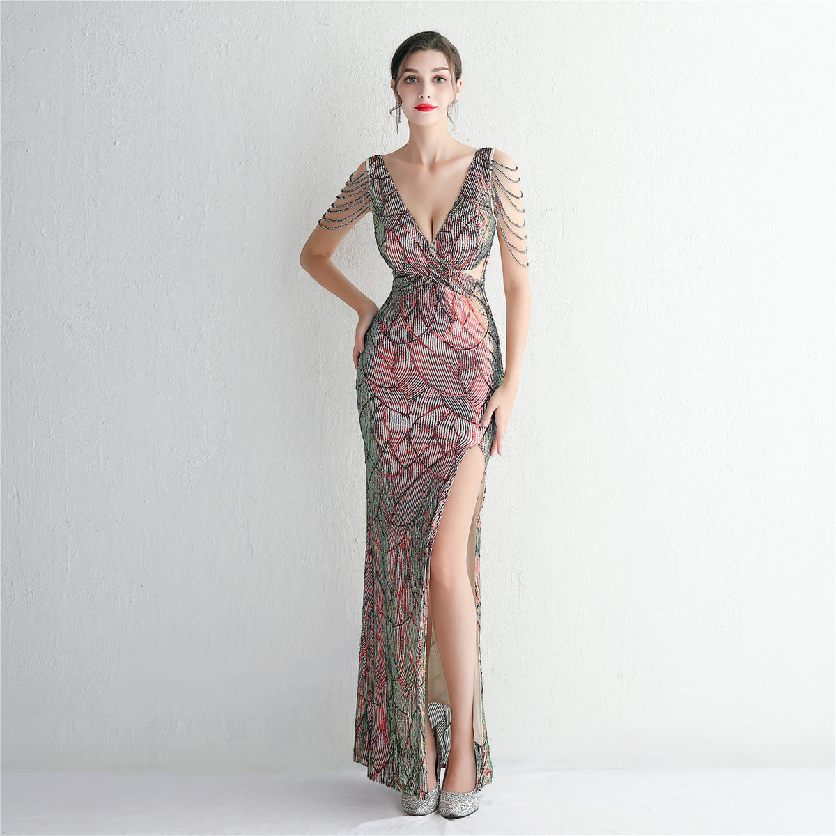 Sequin Deep V-Neck Beaded Chain Sleeve Twist Front High Split Evening Gown