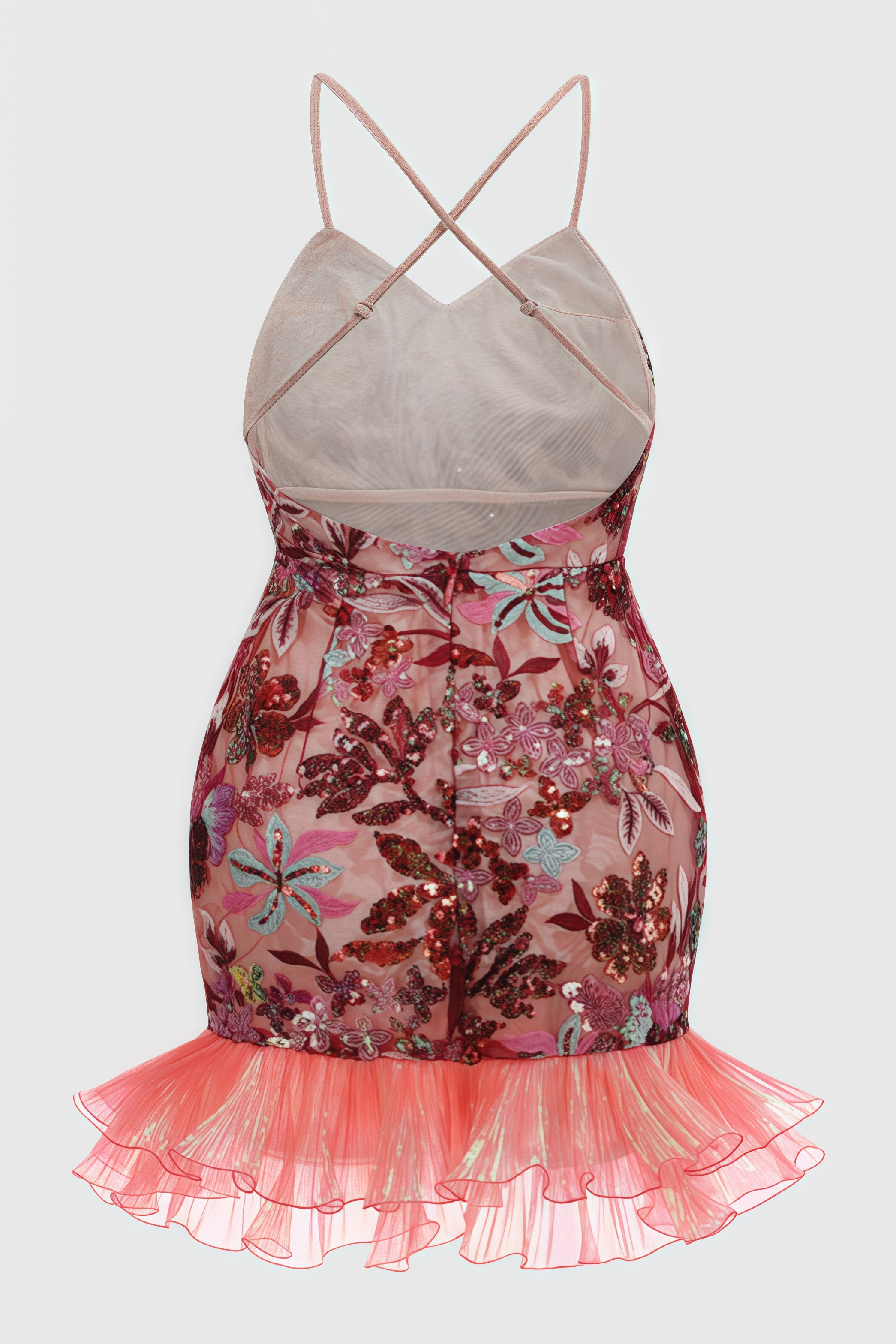 Sequin Floral Sweetheart Spaghetti Strap Ruffle Bodycon Mini Dress