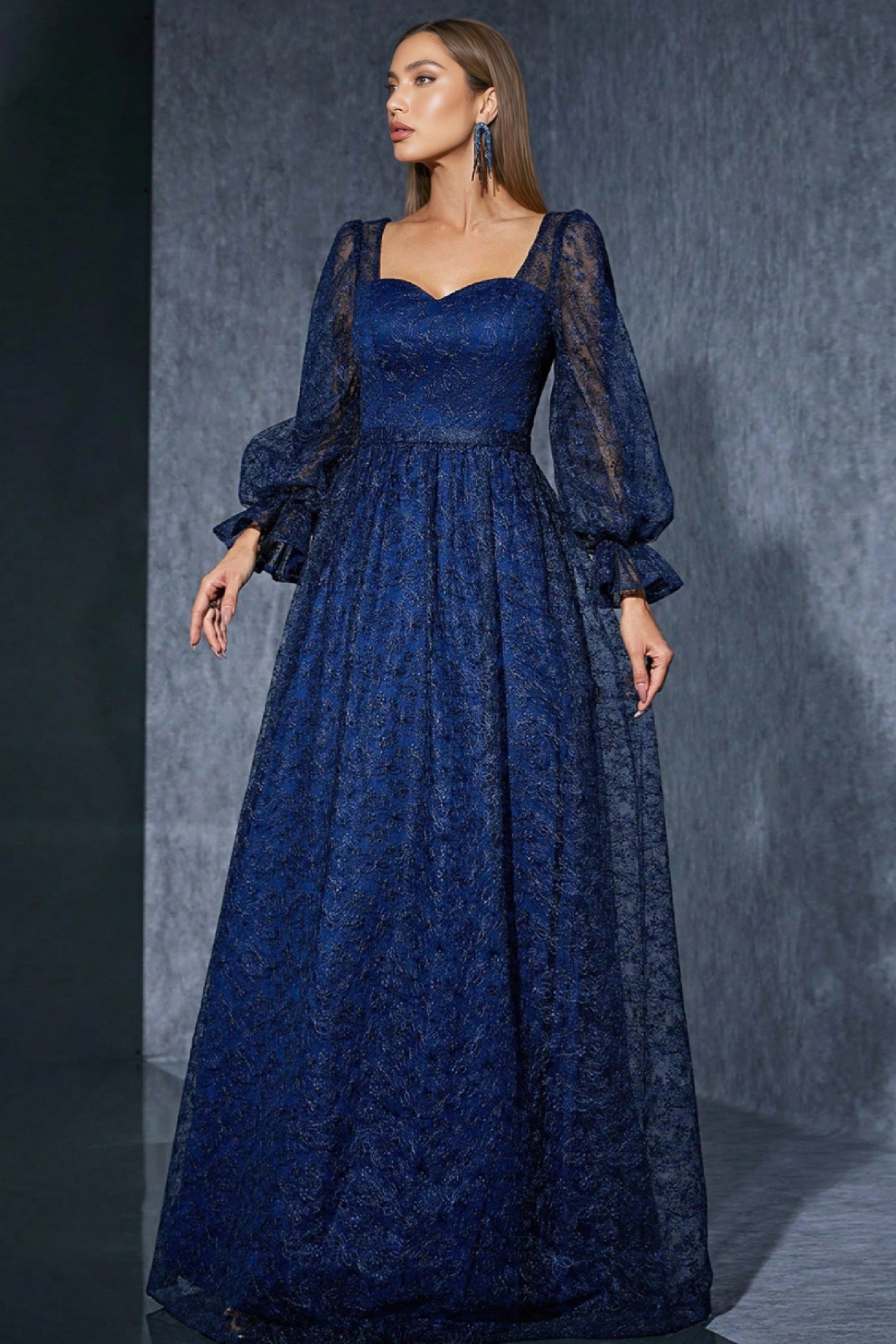 Crana Blue Embroidered Mesh Maxi Dress - View 4