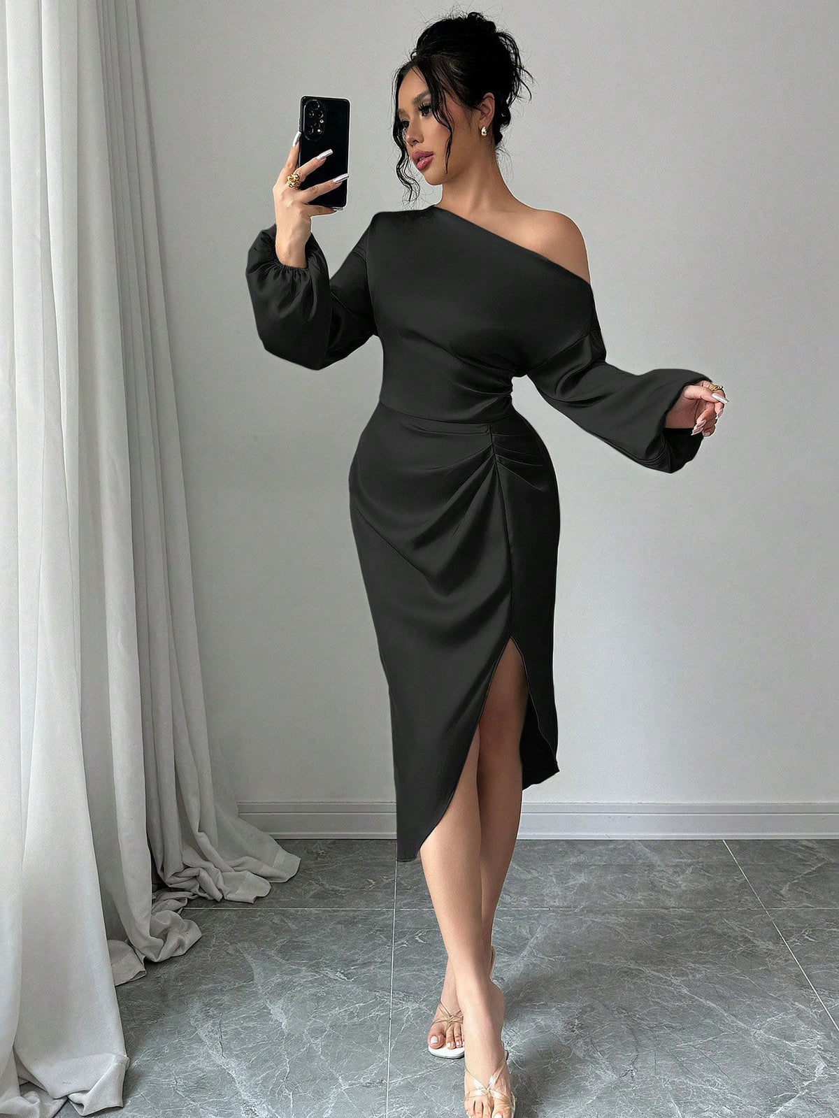 Satin One Shoulder Long Sleeve Ruched Wrap Slit Midi Dress 2