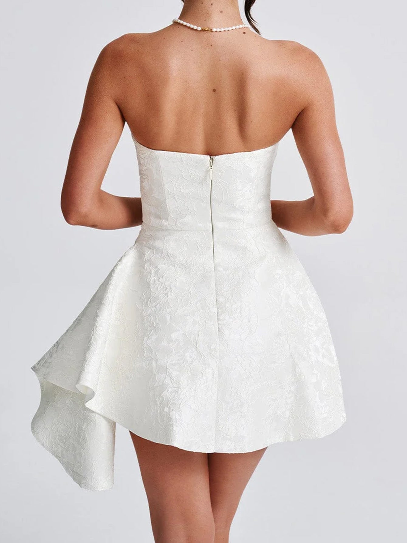 Floral Jacquard Strapless Asymmetric Hem Fit and Flare Mini Dress