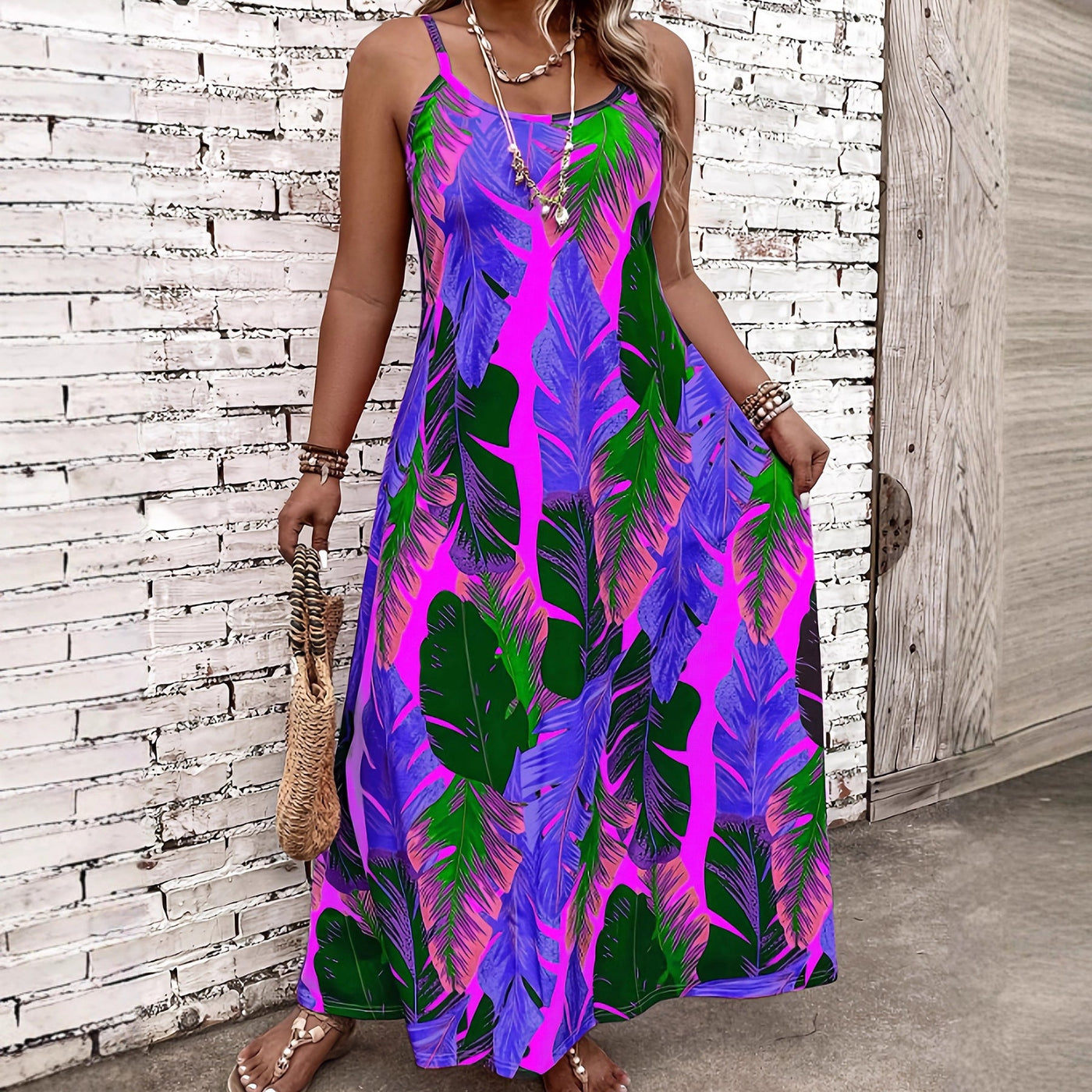 Leaf Print Spaghetti Strap Maxi Dress 3