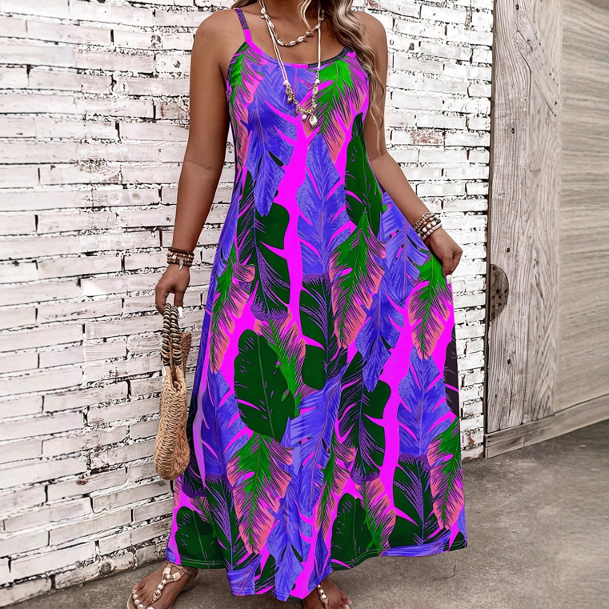 Leaf Print Spaghetti Strap Maxi Dress 3