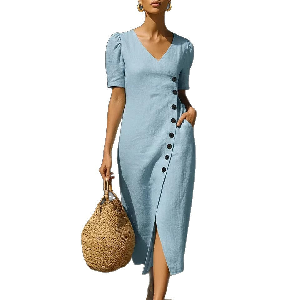 V-Neck Cap Sleeve Side Button Linen Midi Dress 5
