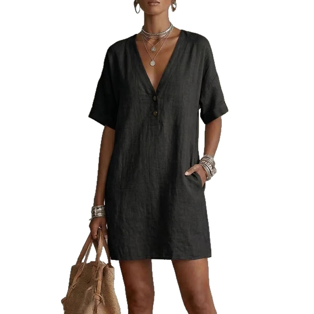 V-Neck Short Sleeve Button Front Shift Mini Dress 4