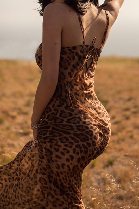 Leopard Spaghetti Strap Cowl Neck Chiffon Slip Maxi Dress - Coffee - View 4