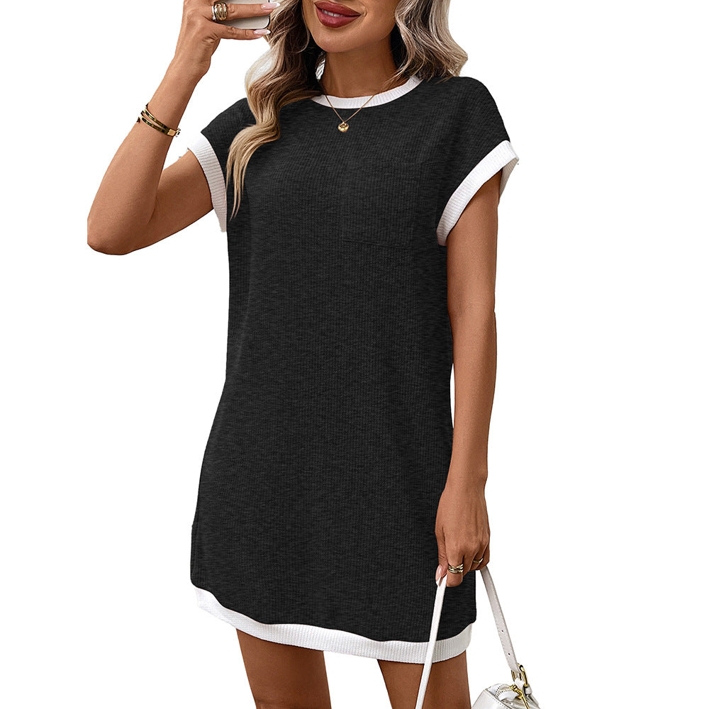 Ribbed Knit Contrast Trim Cap Sleeve Patch Pocket Shift Mini Dress 2