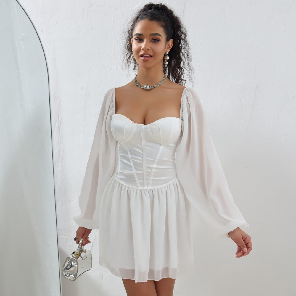 Corset Sweetheart Neck Sheer Balloon Sleeve Mesh Overlay Fit and Flare Mini Dress