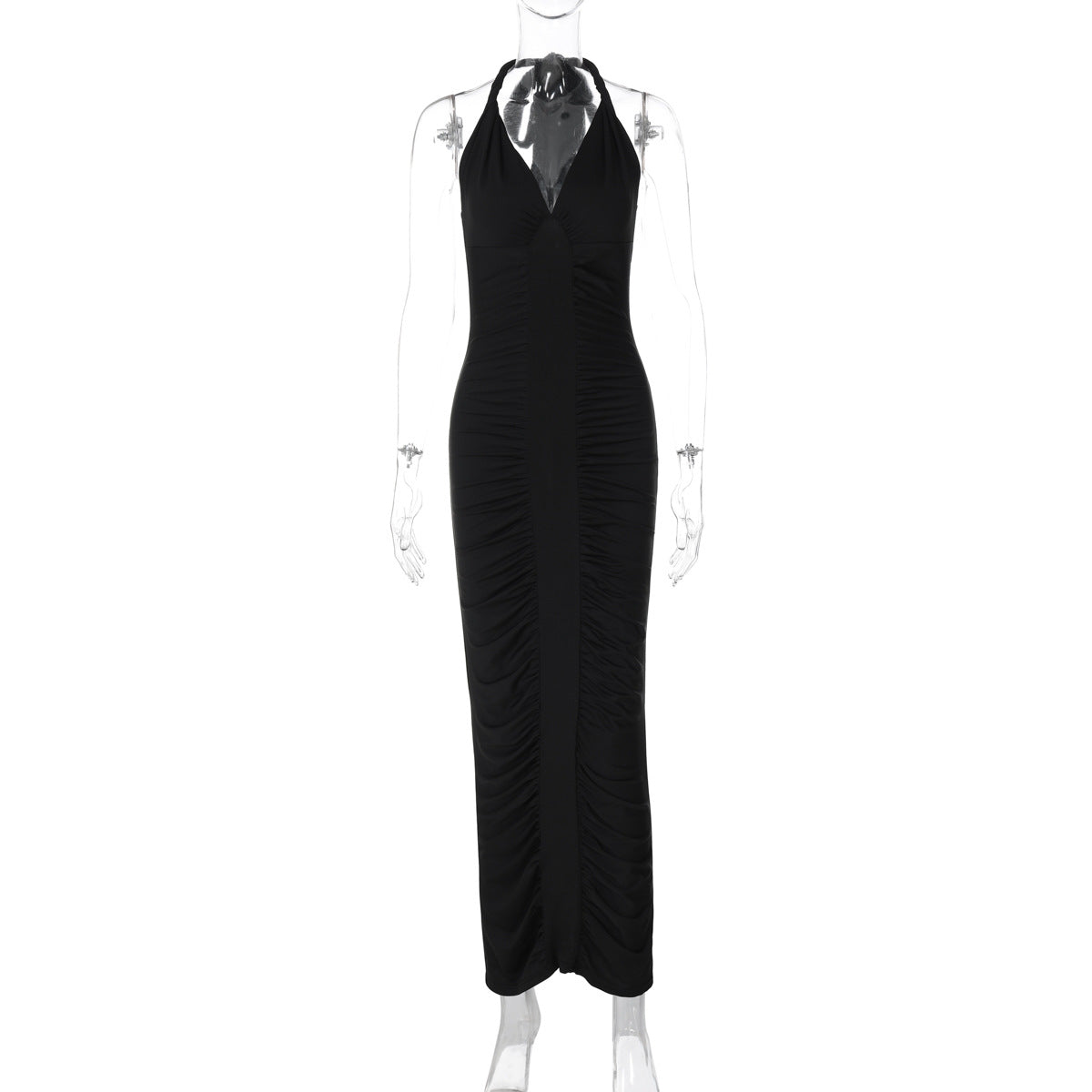 Halter Neck Deep V-Neck Ruched Bodycon Maxi Dress 7