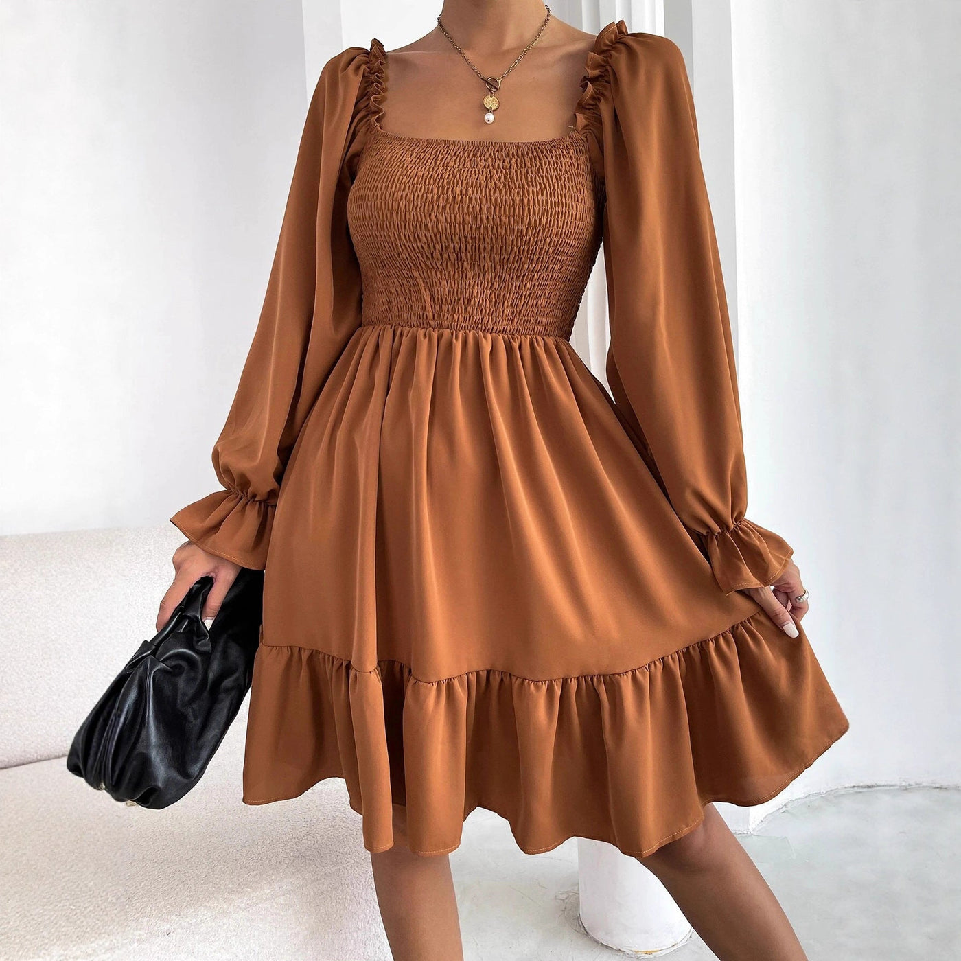 Square Neck Long Sleeve Smocked Tiered Mini Dress 2