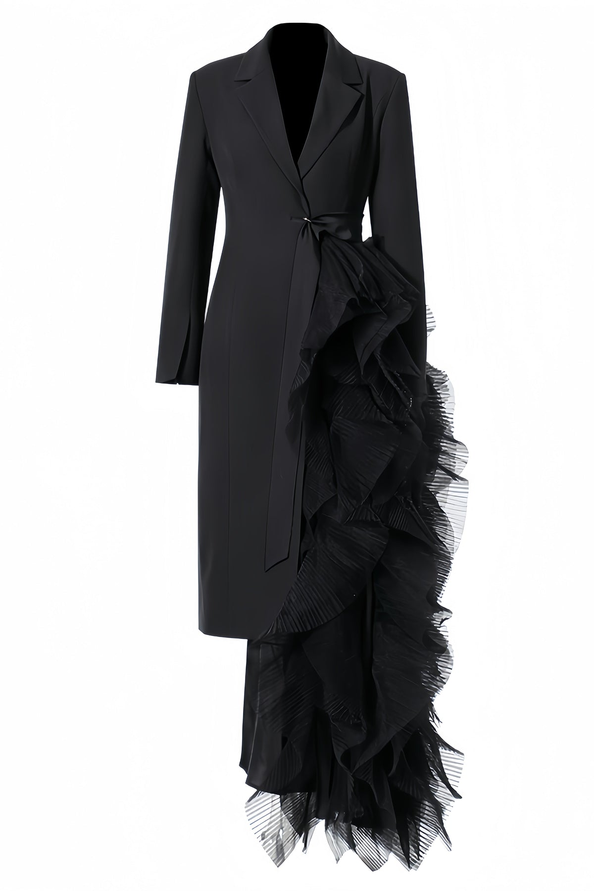 Long Sleeve Lapel Collar Pleated Ruffle Side Blazer Midi Dress 5
