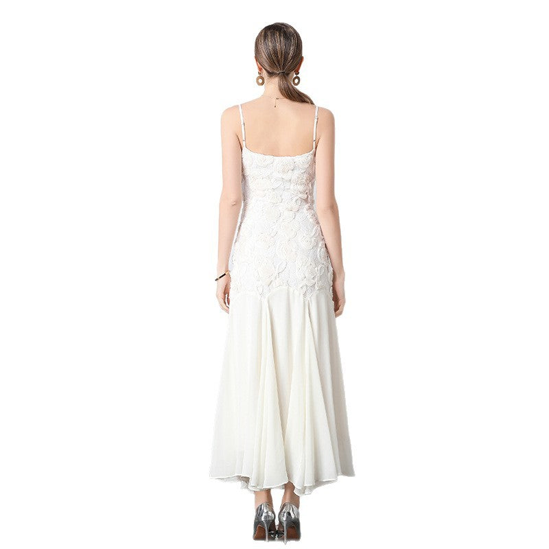 3D Floral Rosette Appliqué Spaghetti Strap Drop Waist Flowy Maxi Gown