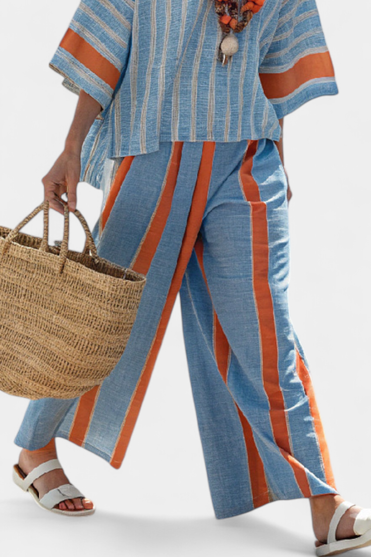 Striped Boxy Top and Wide Leg Pants Two Piece Set