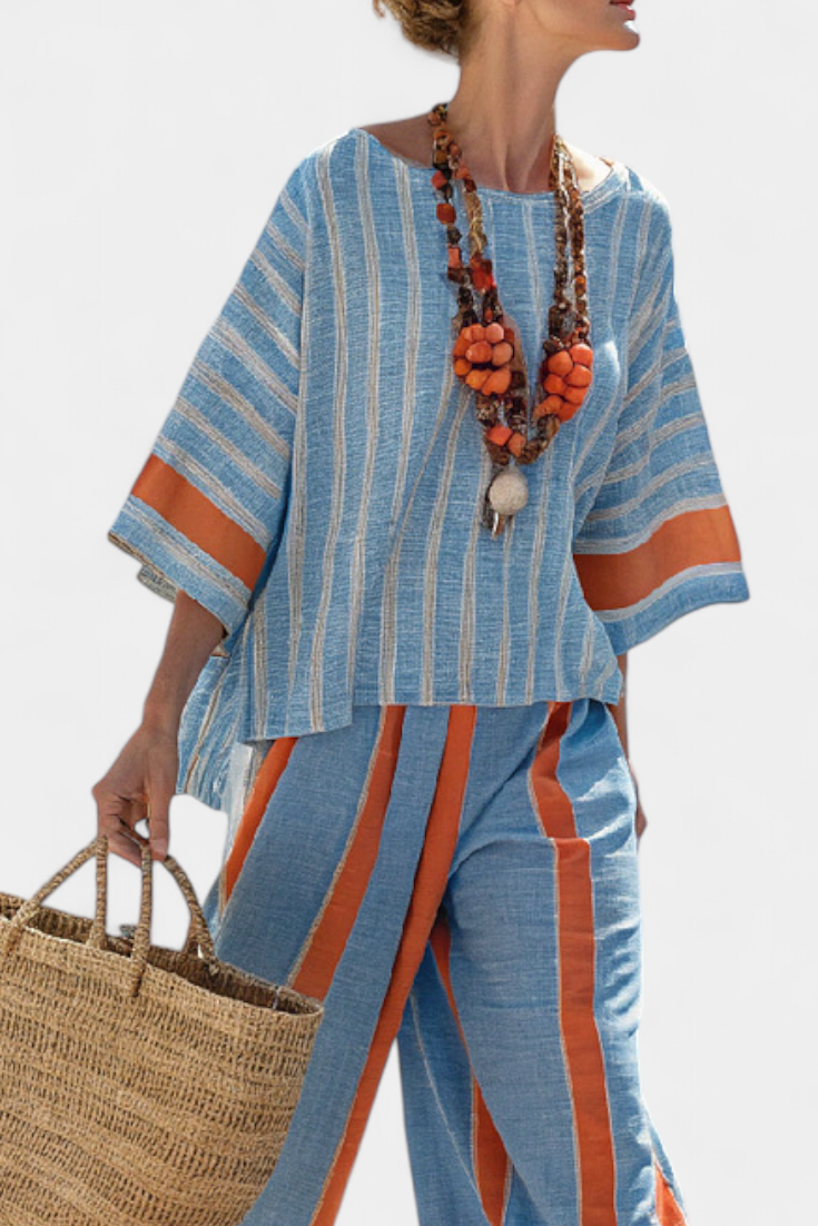 Striped Boxy Top and Wide Leg Pants Two Piece Set
