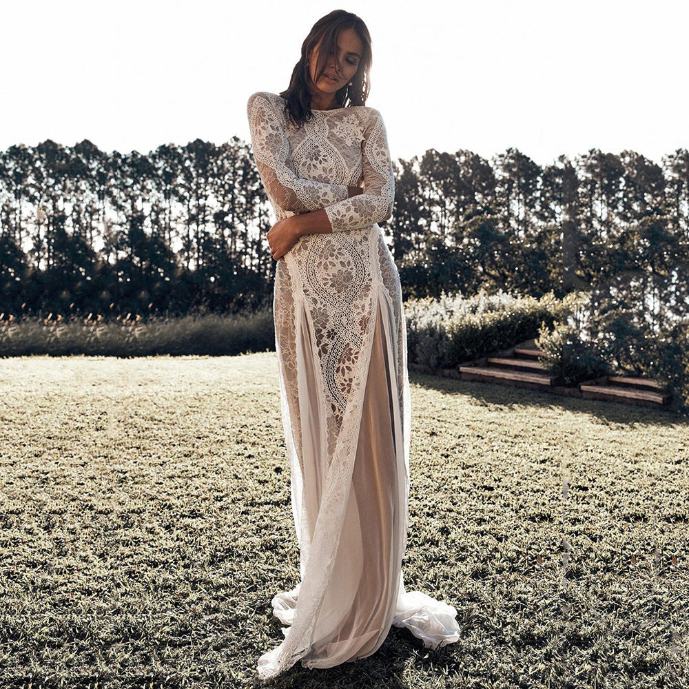 Round Neck Long Sleeve Cutout Backless Lace Cocktail Dress - View 3