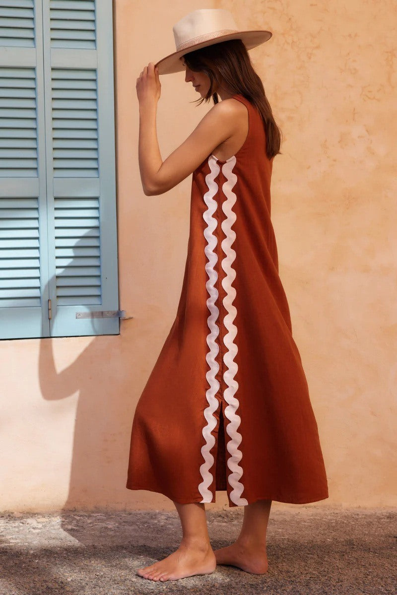 Scalloped Side Trim Sleeveless A-Line Shift Midi Dress