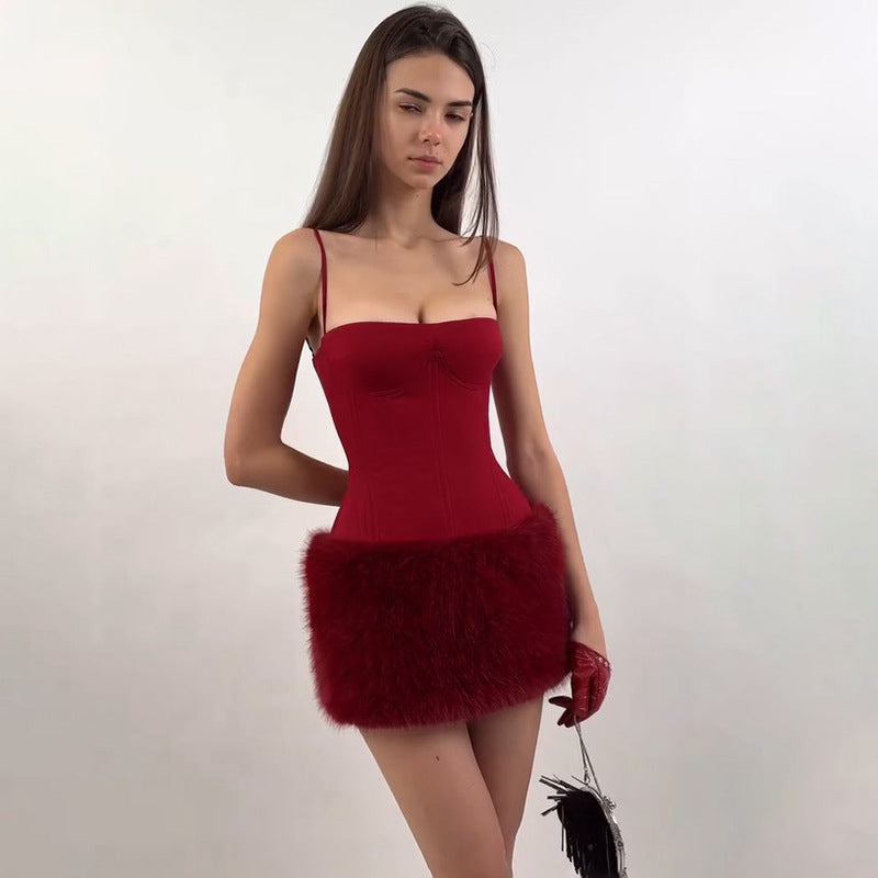 Spaghetti Strap Corset Bodice Faux Fur Hem Bodycon Mini Dress 3
