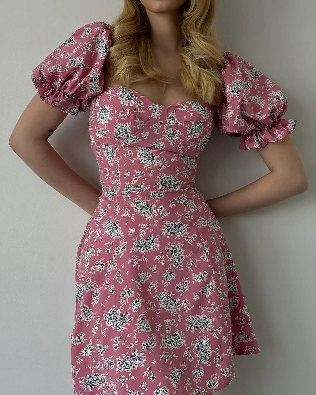 Floral Print Sweetheart Neck Puff Sleeve A-Line Mini Dress 6